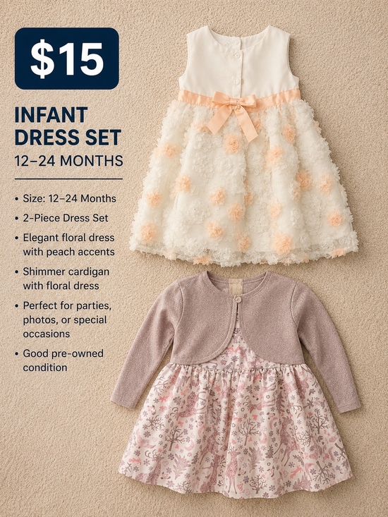 Other - Infant Peach & Cream Floral Dress Set with Shimmer Cardigan - 12-24 Months